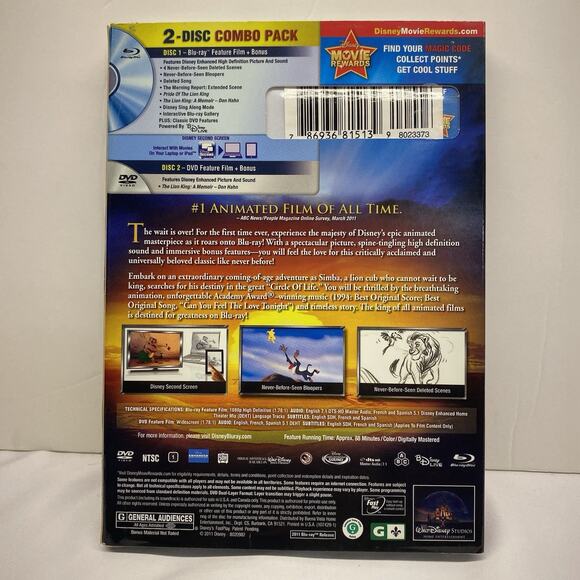 The Lion King Blu-Ray DVD 2-Disc Set Diamond Edition w/ Slipcover - Picture 2 of 3